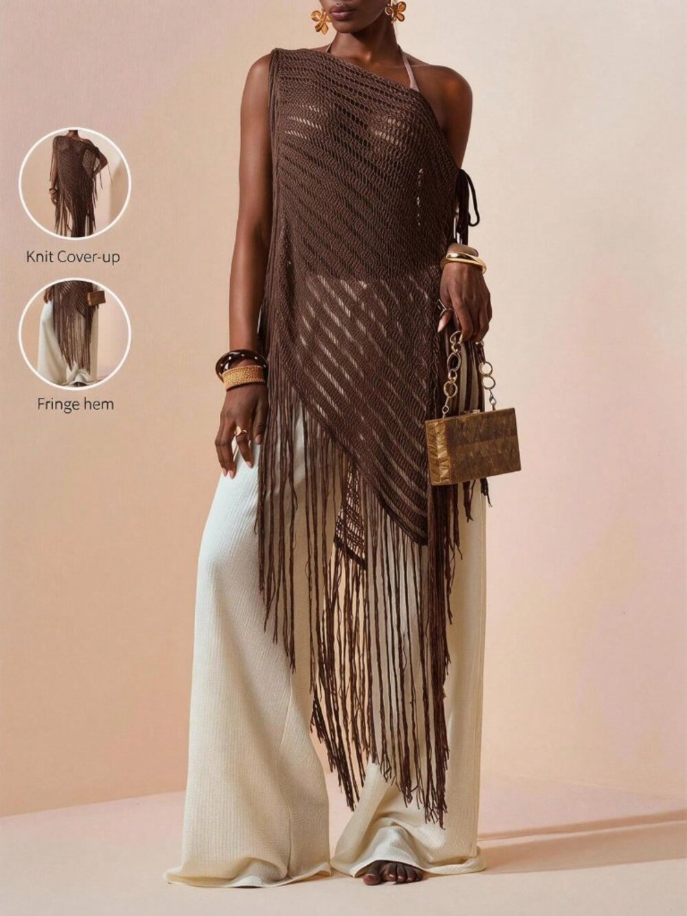 Rust Brown Elegant Women's Knit Off-Shoulder Tassel Cover-Up - Picture 2 of 11